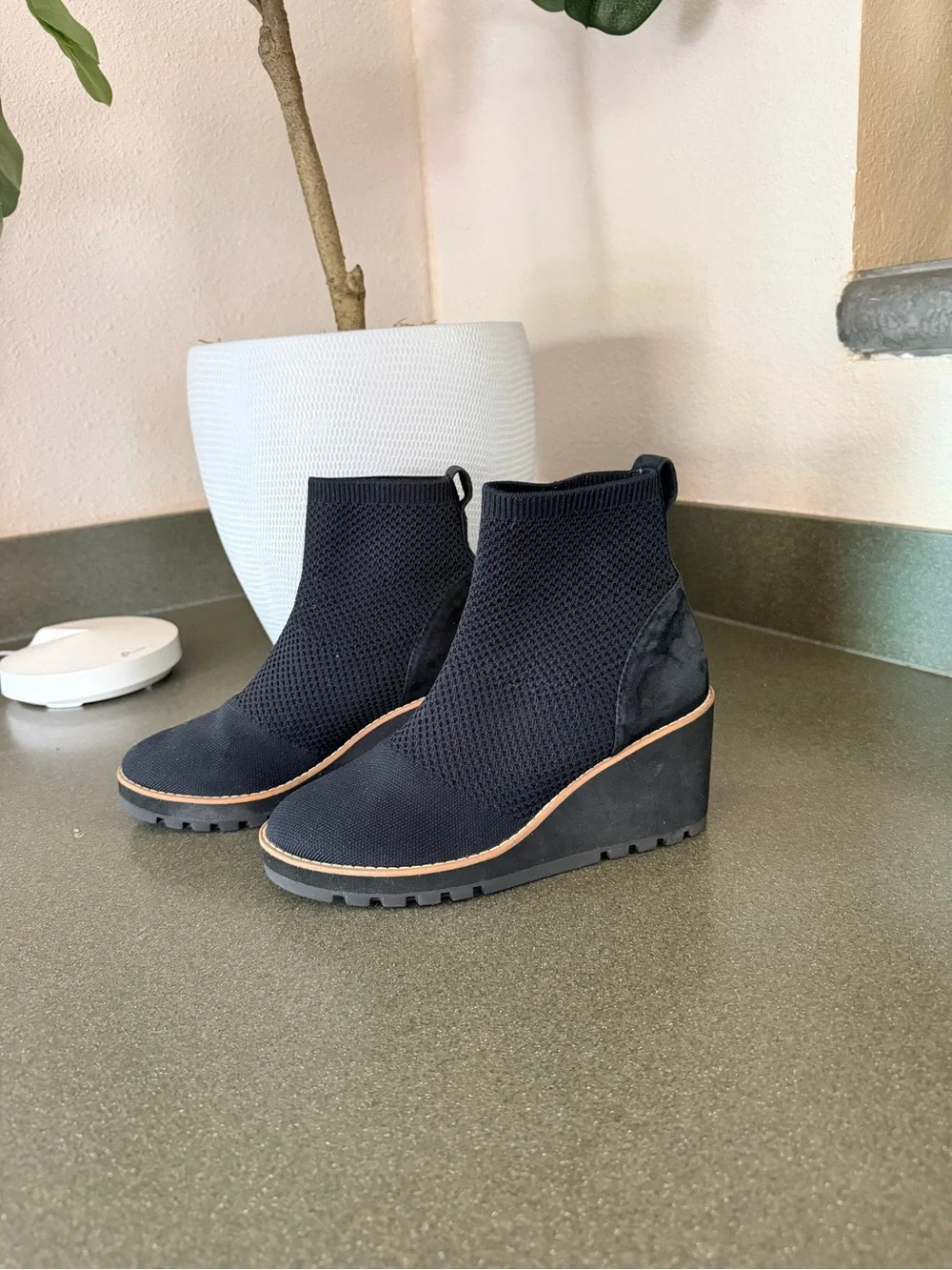 Eileen Fisher Stretch Knit Wedge Ankle Boot Black Fabric